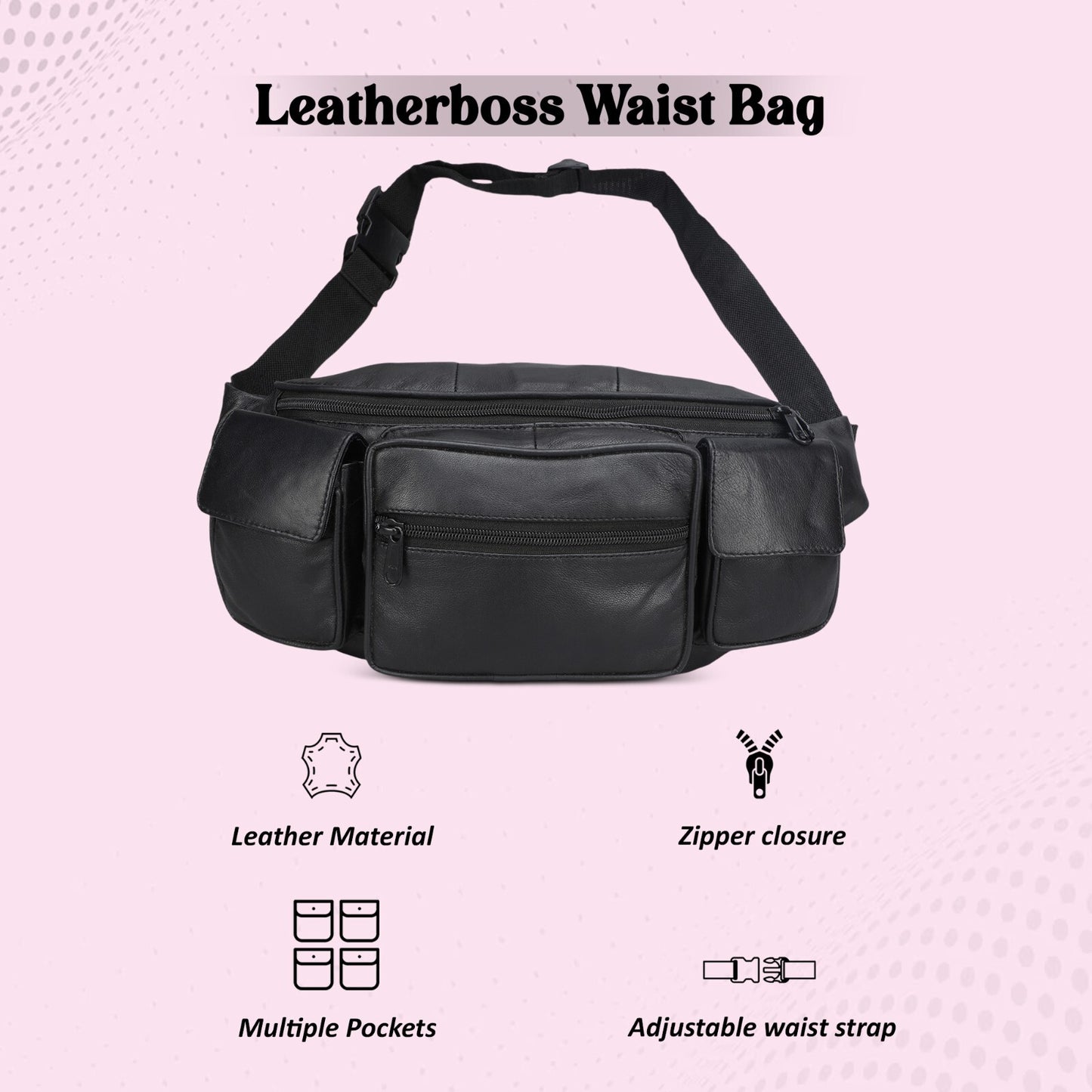 Leather Fanny Pack Belt Waist Pouch Hip Travel Purse Large Mens Womens Black