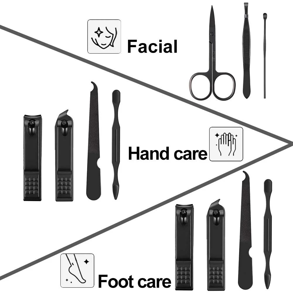 Women Man Professional Nail, Pedicure Kit, Gift Manicure Grooming Set with Black Leather Case, 7 Pieces