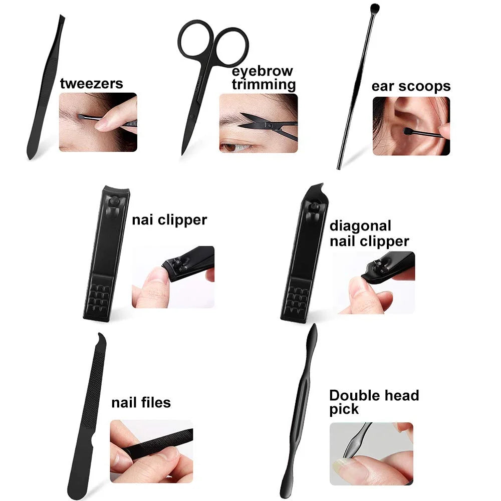 Women Man Professional Nail, Pedicure Kit, Gift Manicure Grooming Set with Black Leather Case, 7 Pieces