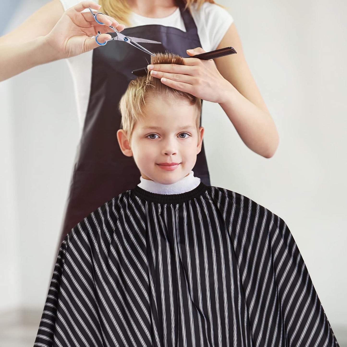 Professional Hair Cutting Cape with Neck Duster Brush, Large Size Salon Hairdresser Cape for Men, Women and Kids(Black with White Stripes)