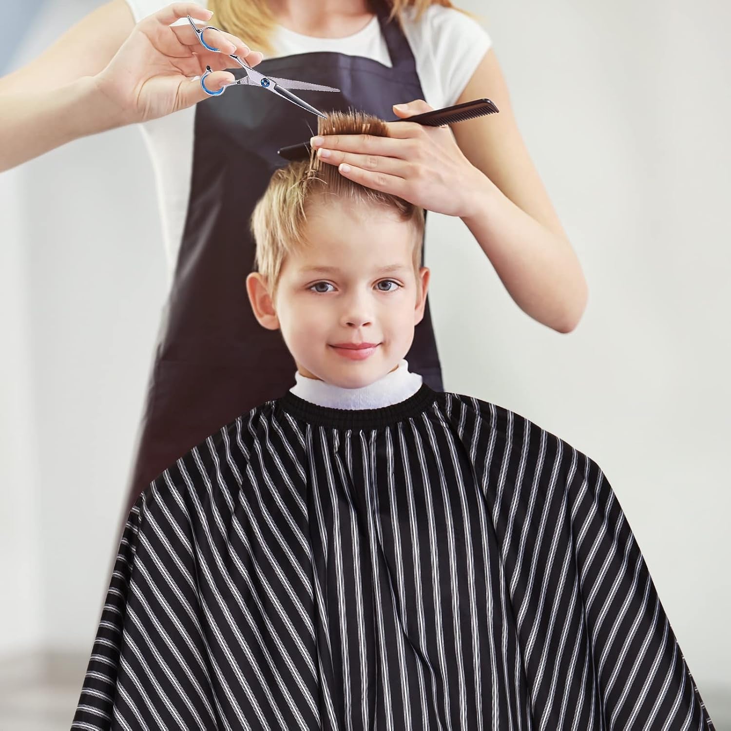Professional Hair Cutting Cape with Neck Duster Brush, Large Size Salon Hairdresser Cape for Men, Women and Kids(Black with White Stripes)