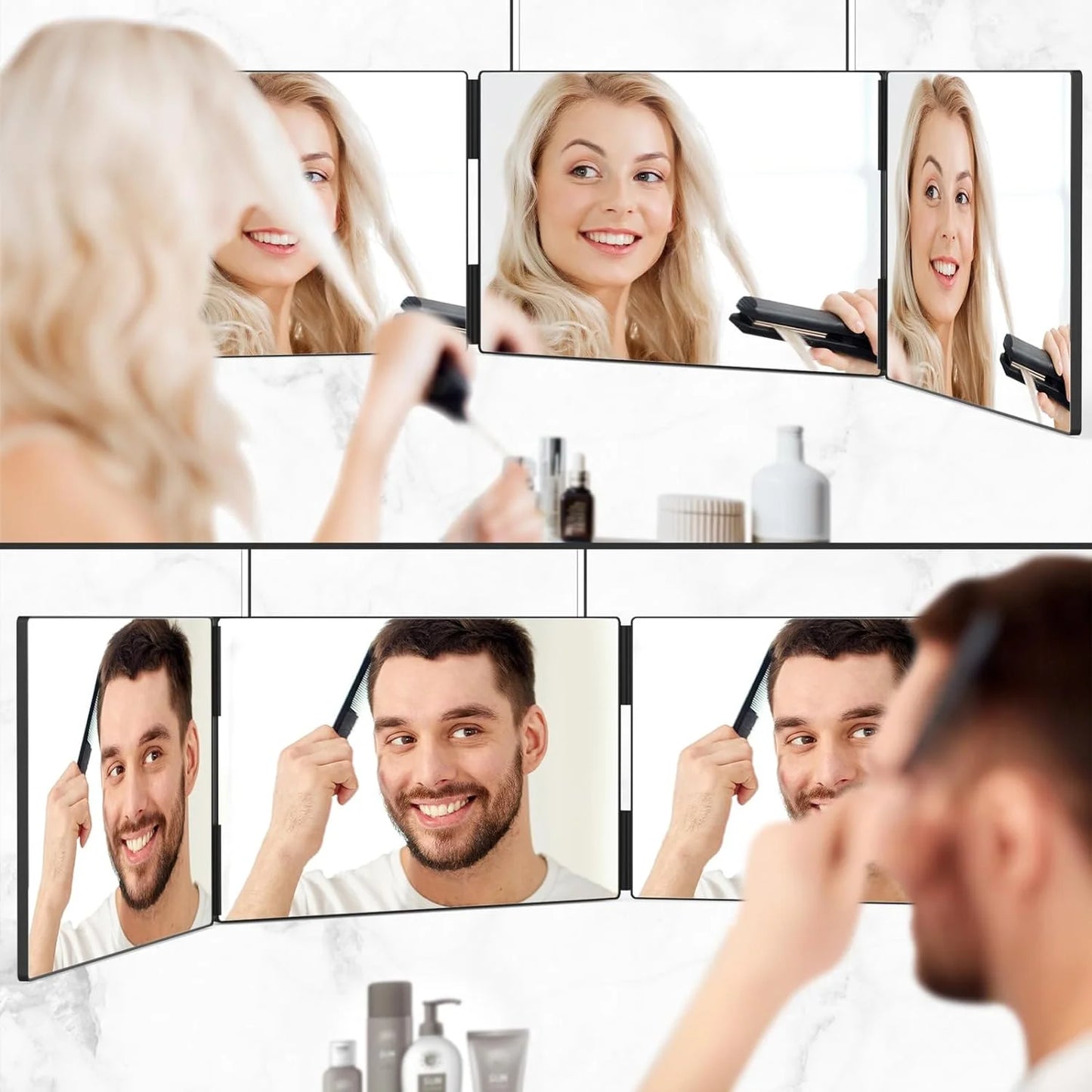 3 Way Mirror, 360 Mirror for Hair Cutting with Height Adjustable Telescoping Hooks, Tri-Fold Mirror for Makeup and Shaving, Hanging/Wall Mounted/Countertop