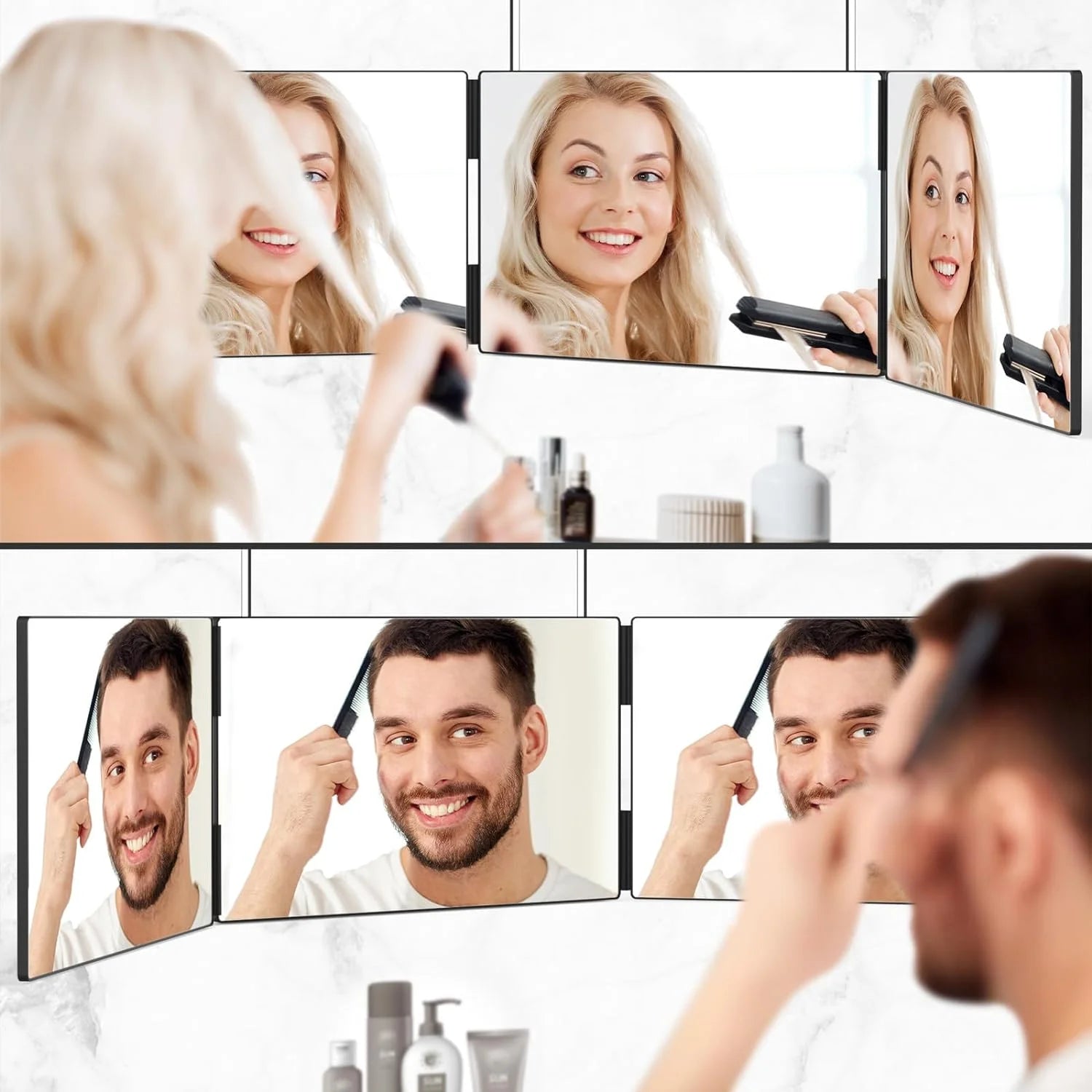 3 Way Mirror, 360 Mirror for Hair Cutting with Height Adjustable Telescoping Hooks, Tri-Fold Mirror for Makeup and Shaving, Hanging/Wall Mounted/Countertop