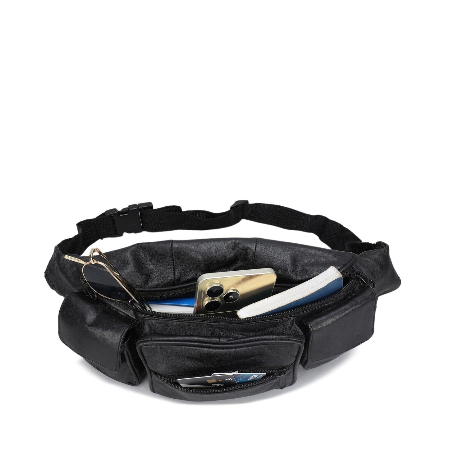 Leather Fanny Pack Belt Waist Pouch Hip Travel Purse Large Mens Womens Black