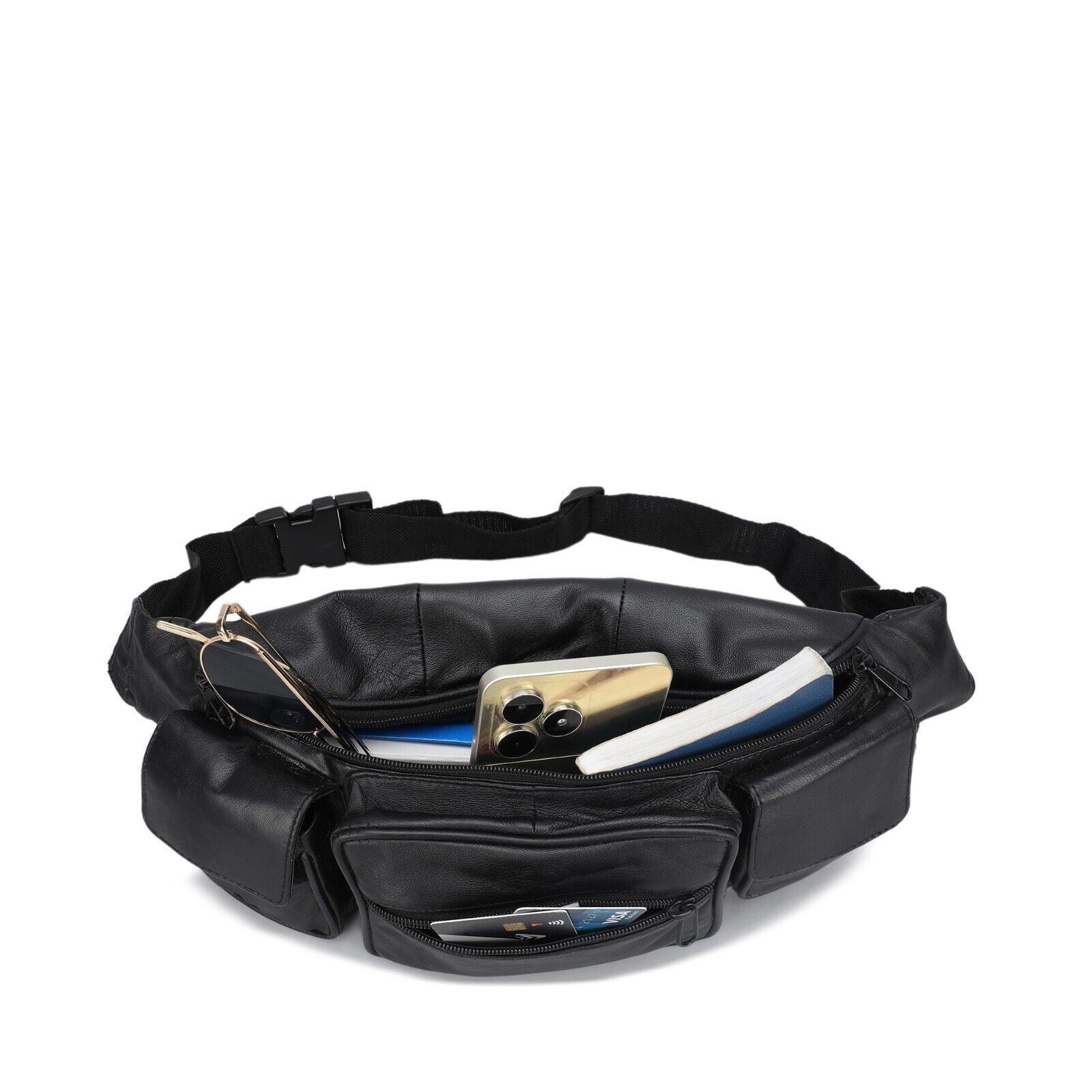 Leather Fanny Pack Belt Waist Pouch Hip Travel Purse Large Mens Womens Black