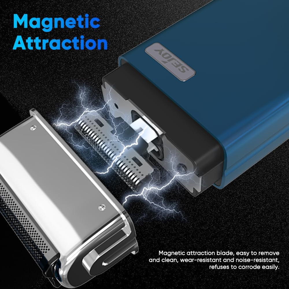 Portable Electric Razor for Men with Toothed & Mesh Blades, Magnetic Adsorption Head, Dynamic Ribbon LED, IPX7, Mini Electric Foil Shaver for Men, Polly