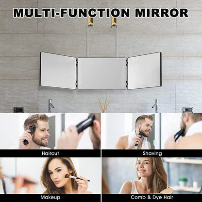 3 Way Mirror, 360 Mirror for Hair Cutting with Height Adjustable Telescoping Hooks, Tri-Fold Mirror for Makeup and Shaving, Hanging/Wall Mounted/Countertop