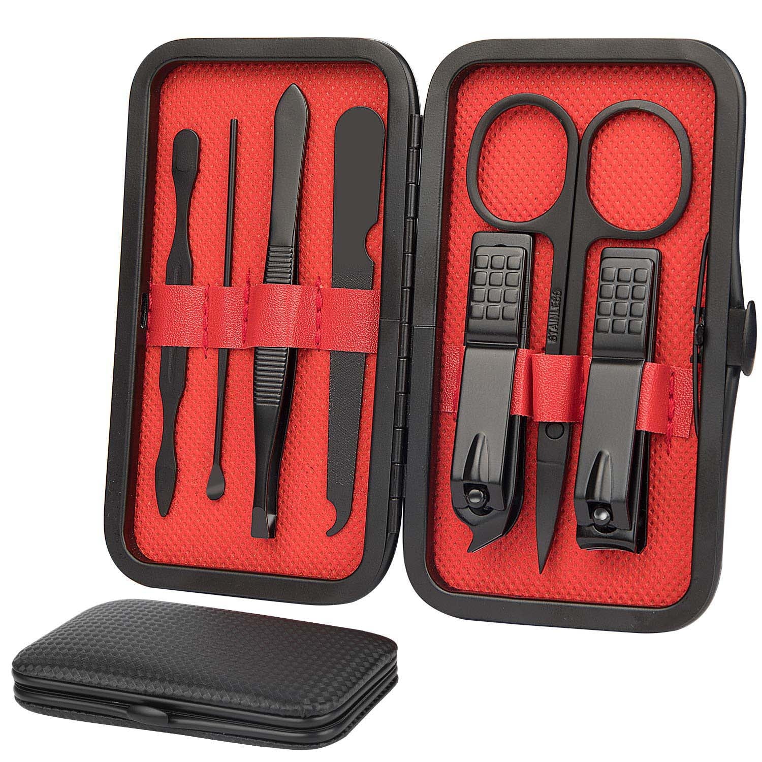 Women Man Professional Nail, Pedicure Kit, Gift Manicure Grooming Set with Black Leather Case, 7 Pieces