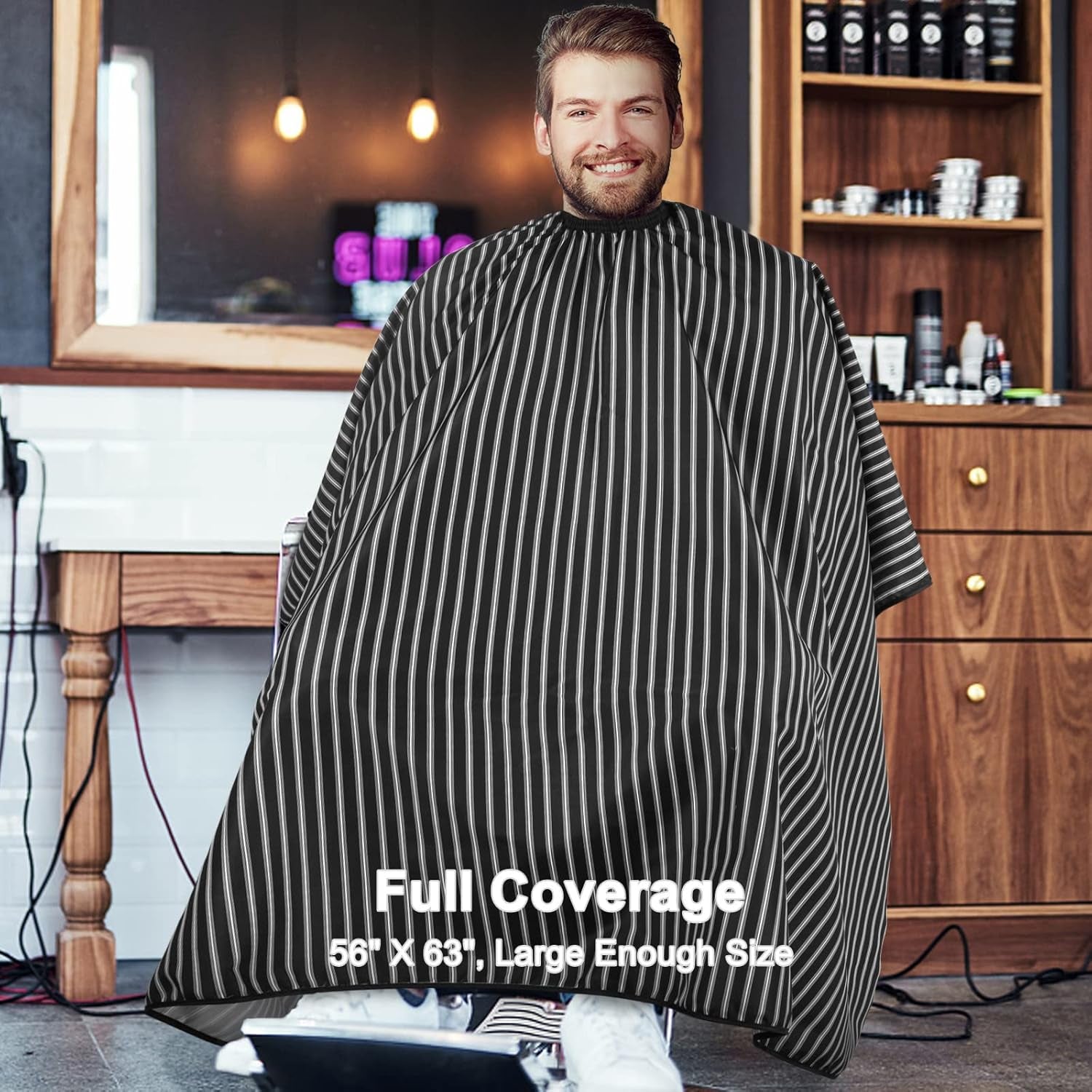 Professional Hair Cutting Cape with Neck Duster Brush, Large Size Salon Hairdresser Cape for Men, Women and Kids(Black with White Stripes)