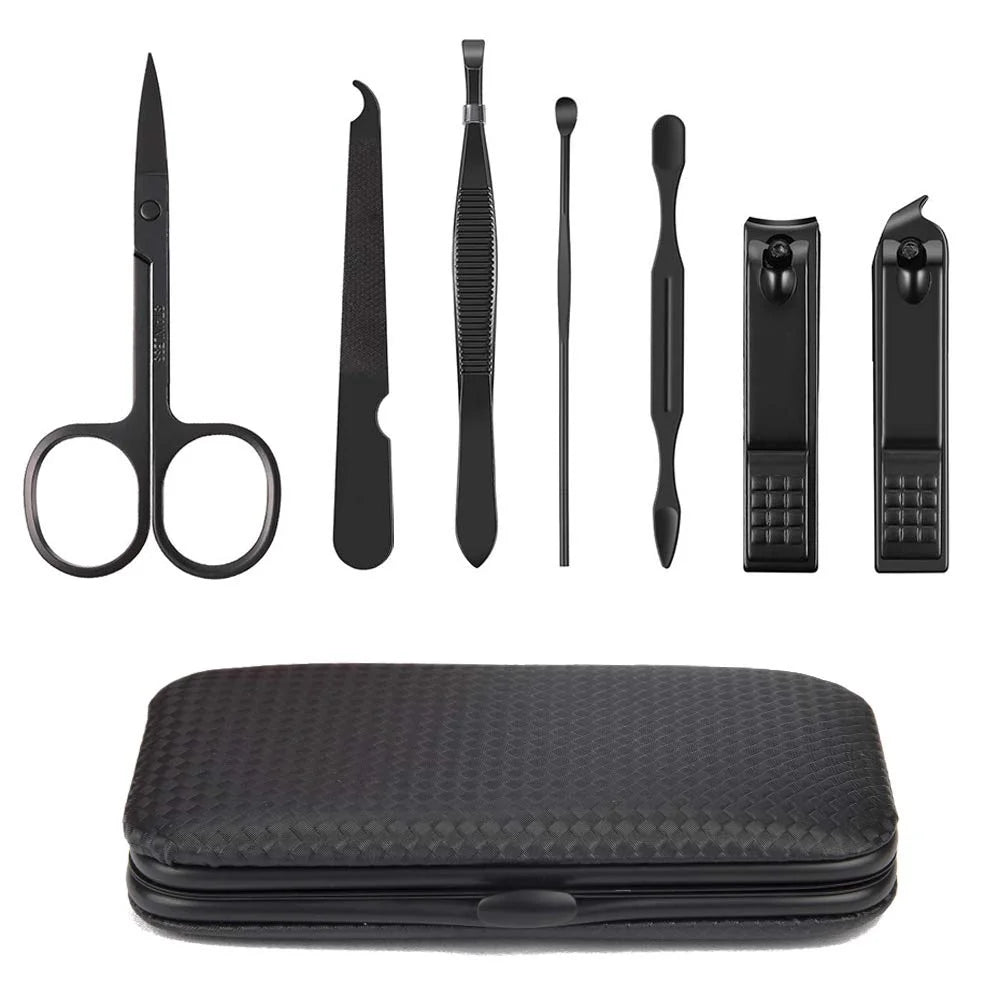 Women Man Professional Nail, Pedicure Kit, Gift Manicure Grooming Set with Black Leather Case, 7 Pieces