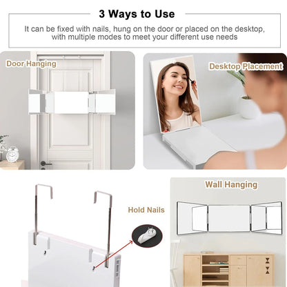 3 Way Mirror, 360 Mirror for Hair Cutting with Height Adjustable Telescoping Hooks, Tri-Fold Mirror for Makeup and Shaving, Hanging/Wall Mounted/Countertop