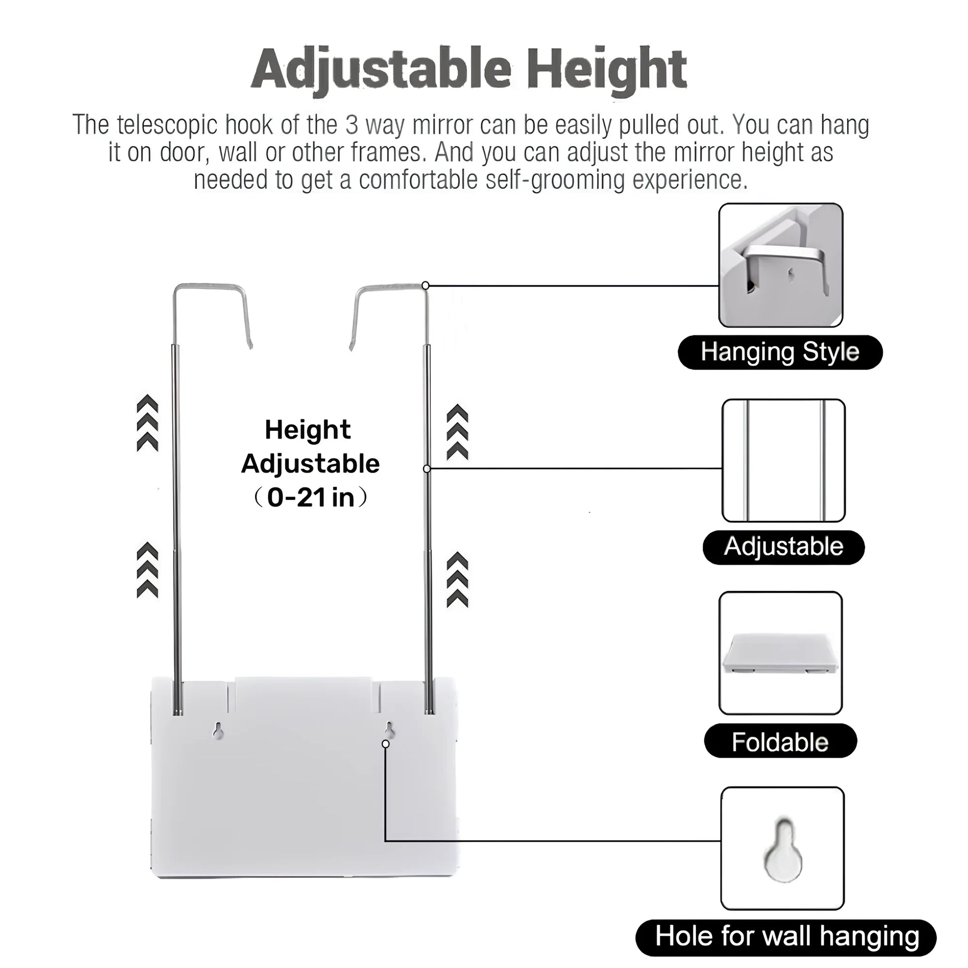 3 Way Mirror, 360 Mirror for Hair Cutting with Height Adjustable Telescoping Hooks, Tri-Fold Mirror for Makeup and Shaving, Hanging/Wall Mounted/Countertop