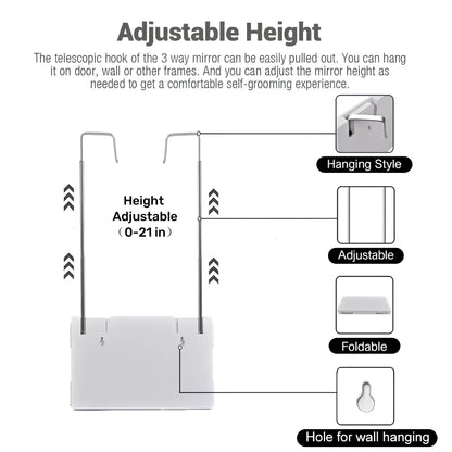 3 Way Mirror, 360 Mirror for Hair Cutting with Height Adjustable Telescoping Hooks, Tri-Fold Mirror for Makeup and Shaving, Hanging/Wall Mounted/Countertop